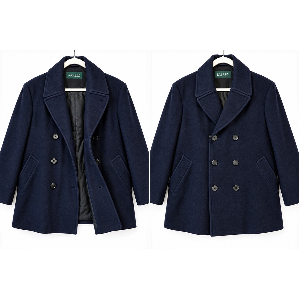 Lauren Ralph Lauren Men's Peacoat 44S Navy Blue Wool Blend Double Breasted Coat